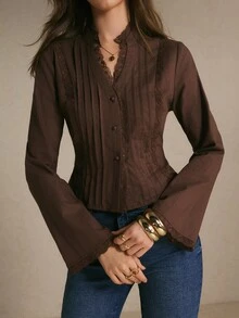 Poéselle Women's Solid Color Casual Versatile Daily Long Sleeve Shirt - Coffee Brown - View 3