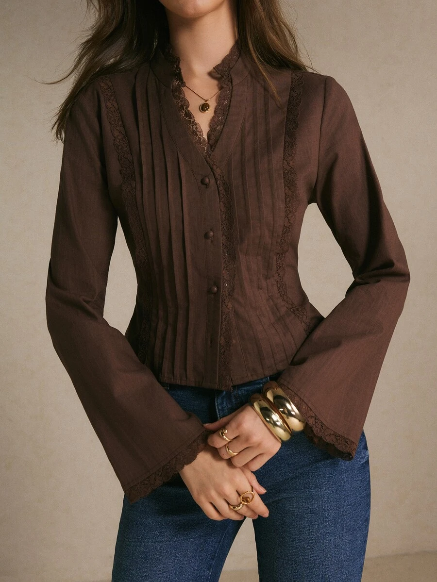Poéselle Women's Solid Color Casual Versatile Daily Long Sleeve Shirt - Coffee Brown - View 1