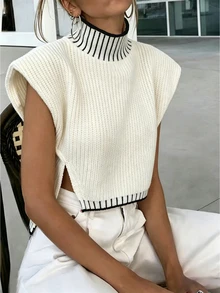 INAWLY Women's Elegant Fitted Knit Sweater With Split Hem, Pullover Top, Black And White Color Block - Apricot - View 1