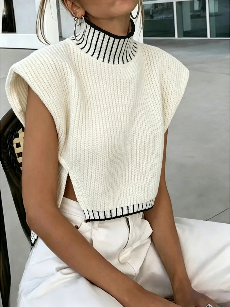 INAWLY Women's Elegant Fitted Knit Sweater With Split Hem, Pullover Top, Black And White Color Block - Apricot - View 1