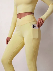 Zivah Women's Long Sleeve Minimalist Top And Criss-Cross Waist Pants Sports Set - Yellow - View 4