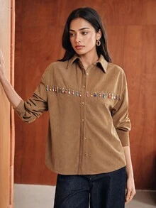 Anewsta Autumn Khaki Color Fashion Modern Commute Casual Patchwork Beaded Decor Corduroy Women's Shirt - Khaki - View 3