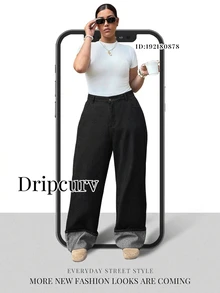 Dripcurv 大尺碼女款休閒日常牛仔褲，附口袋與鈕扣設計 - 黑色 - 查看 8