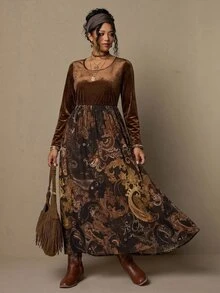 Freevana 2 In 1 Velvet Maxi Dress With Paisley Skirt, Boho Layered High-Waist Long Sleeve For Autumn - Brown - View 5