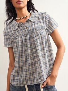 Bohemela Women's Korean Style Button Half-Placket Plaid Shirt - Blue and White - View 4