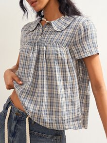 Bohemela Women's Korean Style Button Half-Placket Plaid Shirt - Blue and White - View 1