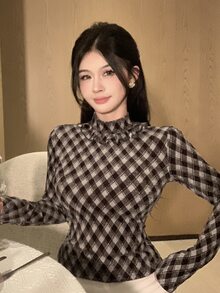 DAZY Women's Plaid Stand Collar Long Sleeve Patchwork Ruffle Fashion Blouse - Brown - View 7