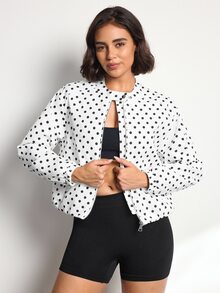 SHEIN Sports Women's Polka Dot Jacket, Fashionable Stand Collar, Daily Commute Versatile, Street Style Casual - Black and White - View 5
