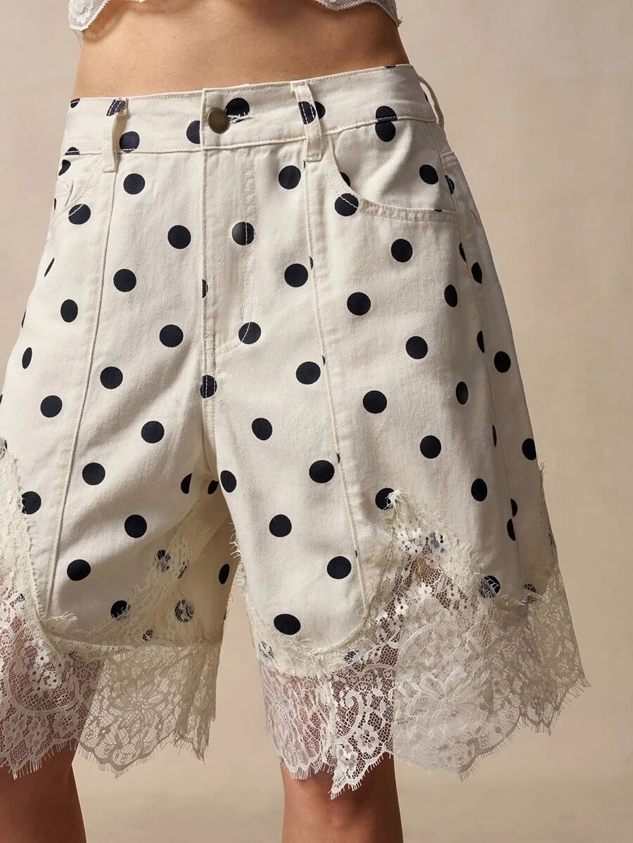 Bohemela Women's Lace Patchwork Polka Dot Casual Daily Shorts - Apricot - View 1
