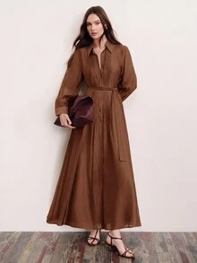 Aveloria Modichic Commuter Design, Belt Waist Decoration, Fashionable Elegant Pleated Quilted Versatile Slimming Long Dress - Brown - View 6