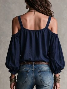Breezaya Women's V-Neck Lace Patchwork Cold Shoulder Long Sleeve Chiffon Blouse, Lantern Sleeve Loose Slimming Top, Vacation Navy Blue Autumn Breezy Boho - Navy Blue - View 2