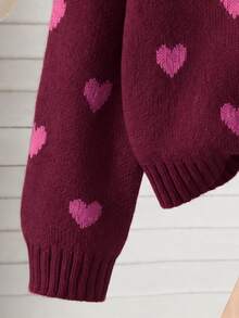 SHEIN Playful Pals Young Girl' Thick Knit Cardigan With Bow,Heart Pattern Button Sweater Jacket,Winter Fairy School Back-To-School,Long Sleeve Clothes For Autumn/Winter - Burgundy - View 3