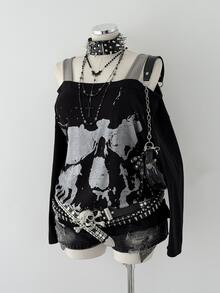 Sunspun Plus Size Women Skull Print Cold Shoulder Long Sleeve Casual Fashion T-Shirt - Black - View 3