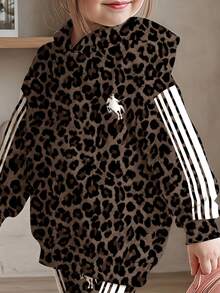 Young Girl Leopard Print Rider Pattern Casual Long Sleeve Hoodie And Leggings 2 Pieces Set, Suitable For Autumn/Winter - Multicolor - View 5