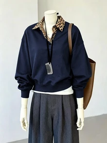 INAWLY Women's Button Half-Placket Leopard Print 2 In 1 Sweatshirt - Navy Blue - View 3