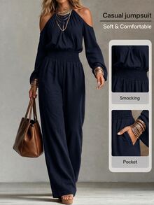 Omancia Women's Solid Color Ruched Cold Shoulder Casual Daily Wear Jumpsuit Fall/Winter - Navy Blue - View 5