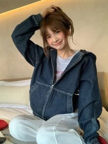 DAZY Women's Thermal Lined Hooded Loose Denim Jacket And Coat - Dark Wash - View 5