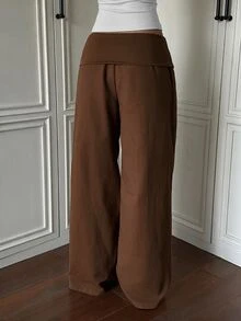 SHEIN EZwear Women's Solid Color Pleated Casual Versatile Daily Wear Long Pants - Brown - View 2