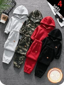 SHEIN 6件組兒童青少年男孩休閒極簡時尚運動酷感迷彩、黑色、灰色、紅色套頭衛衣、長袖運動長褲、短褲套裝，適合通勤、上學、日常休閒、度假、旅行、運動，秋冬季、開學季、聖誕節 - 彩色 - 查看 5