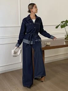 DAZY Women's Washed Dark Blue Loose Tie Waist Cinched Waist Denim Set - Dark Wash - View 6