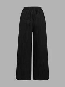 SHEIN Essnce 3件組黑色與粉色紋理布料搭配天藍色與白色粗條紋航海風度假風女款休閒腰綁帶口袋直筒長褲套裝，適合夏季度假 - 彩色 - 查看 9
