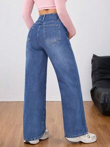 SHEIN Tall Women's Casual Daily Wear Washed Denim Jeans With Pockets And Buttons - Dark Wash - View 2