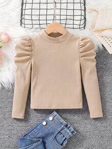 Emery Rose Kids Emery Rose Kids 女童修身復古羊腿袖小立領T恤，運動風，適合秋冬休閒日常穿著與上學穿搭，酷街頭風，萬聖節，Y2K女孩，休閒可愛，姐妹裝，母女套裝，黑色 - 杏色 - 查看 3