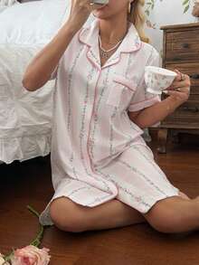 CottageSlumber Women's Romantic Ditsy Floral Short Sleeve Lapel Nightgown - Multicolor - View 4