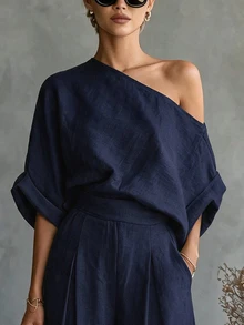 SHEIN Franclia 新款亞麻舒適不對稱單肩上衣與寬腿褲女款兩件套 - 藏蓝色 - 查看 5