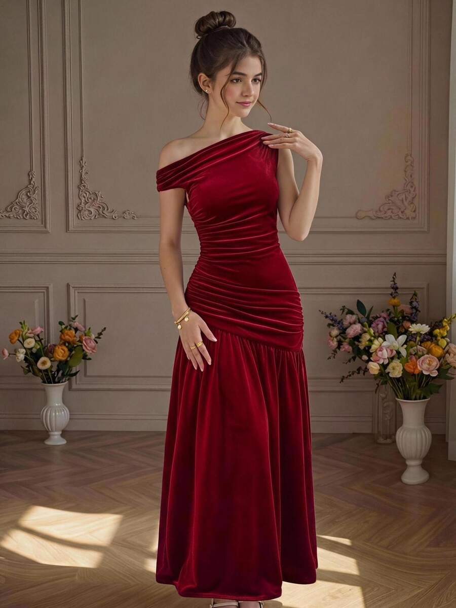 SHEIN Teen Girl Dresses Elegant Glamorous Asymmetrical Shoulder Ruched Formal Dress, Christmas, Party - Red - View 1