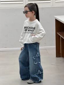 Dazy Kids Tween Girl) Casual Straight Leg Elastic Waist Star Decor Denim Jeans - Dark Wash - View 4