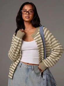 Athîral Women's Striped Raglan Long Sleeve Knit Thin Cardigan - Khaki - View 1