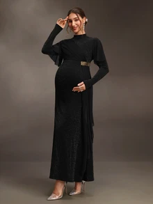 Cheriluna Maternity Elegant Solid Color Mesh Patchwork Maternity Dress - Black - View 1