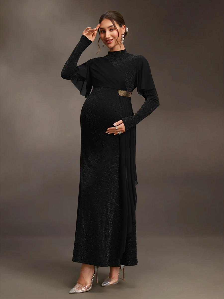 Cheriluna Maternity Elegant Solid Color Mesh Patchwork Maternity Dress - Black - View 1