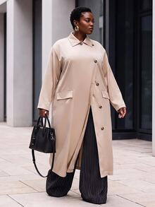 Slaydiva Elegant Commute & Date Champagne Satin Lapel Loose Long Shirt Plus Size Fall - Apricot - View 4