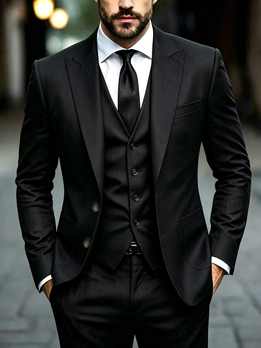 Manfinity Mode Business Casual Men's Solid Color Peak Lapel Blazer And Trousers Suit Set - Black - View 1