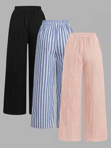 SHEIN Essnce 3件組黑色與粉色紋理布料搭配天藍色與白色粗條紋航海風度假風女款休閒腰綁帶口袋直筒長褲套裝，適合夏季度假 - 彩色 - 查看 2