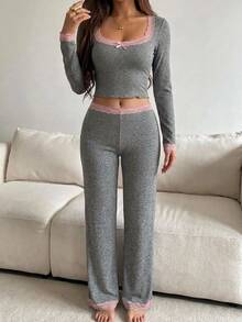 DAZY 2pcs/Set Women's Lace Patchwork Square Neck Fitted Long Sleeve T-Shirt & Long Pajama Pants Sleepwear Set - Grey - View 6