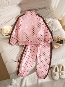 SHEIN Genkimix Kids 2件組女童春秋新款波點防風布料 2026 童裝蝴蝶結印花休閒時尚織帶裝飾立領拉鍊夾克與休閒長褲可愛甜美套裝 - 粉色 - 查看 2