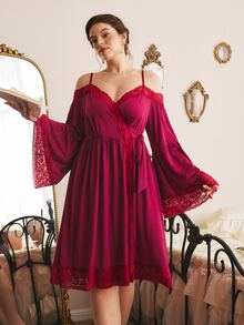 Côtesoire Elegant Sexy Romantic Off-Shoulder Deep V-Neck Lace Patchwork Tie-Up Knit Plus Size Nightgown - Burgundy - View 3