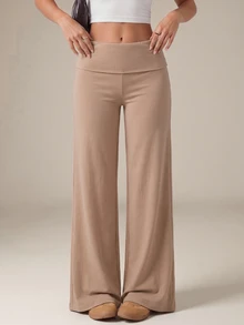 SHEIN Tall 黑色高腰寬腿寬鬆休閒長褲 - 卡其色 - 查看 8