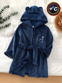 Boys' Simple Royal Blue Plush Long Sleeve Hooded Robe Loungewear - Blue - View 5