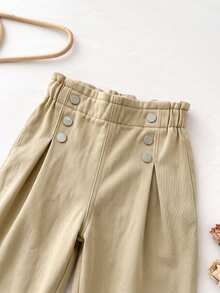 LMoss Kids Baby Girl Ruffle Waist Button Design Casual Denim Loose Long Pants - Khaki - View 3