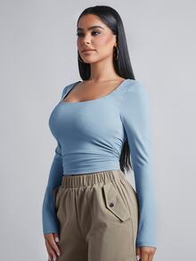 SHEIN PETITE 方領側褶皺春季女款T恤，適合嬌小女性 - 藍色 - 查看 5