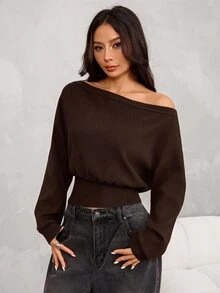 SHEIN PETITE 女款純色不對稱肩休閒性感優雅百搭日常長袖針織衫，適合夜晚外出與早午餐，黑色，秋季 - 棕色 - 查看 11