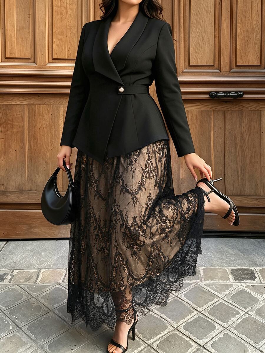 Cravure Plus Size Elegant Belted Blazer & Contrast Lace Midi Skirt Two Pieces Outfit - Black - View 1