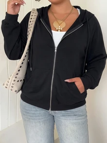 SHEIN EZwear بلوزة رياضية كاجوال مقاس كبير بسحاب وأكمام طويلة وغطاء رأس مع جيوب - الأسود - مشاهدة 5