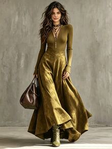 Glimmora Autumn/Winter Plus Size Women's Vintage Fashion Plus Size Flare Solid Color Pocket Skirt Fall - Olive Green - View 5