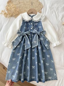 SHEIN Vintaside Kids 女嬰牛仔洋裝 甜美優雅 藍白蝴蝶結印花 蕾絲彼得潘領 長泡泡袖 圓領 生日派對 秋季婚禮賓客 假日穿搭 - 藍色 - 查看 3