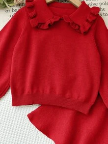 SHEIN 女童純色彼得潘領長袖毛衣與針織迷你裙可愛套裝，秋冬款 - 紅色 - 查看 6
